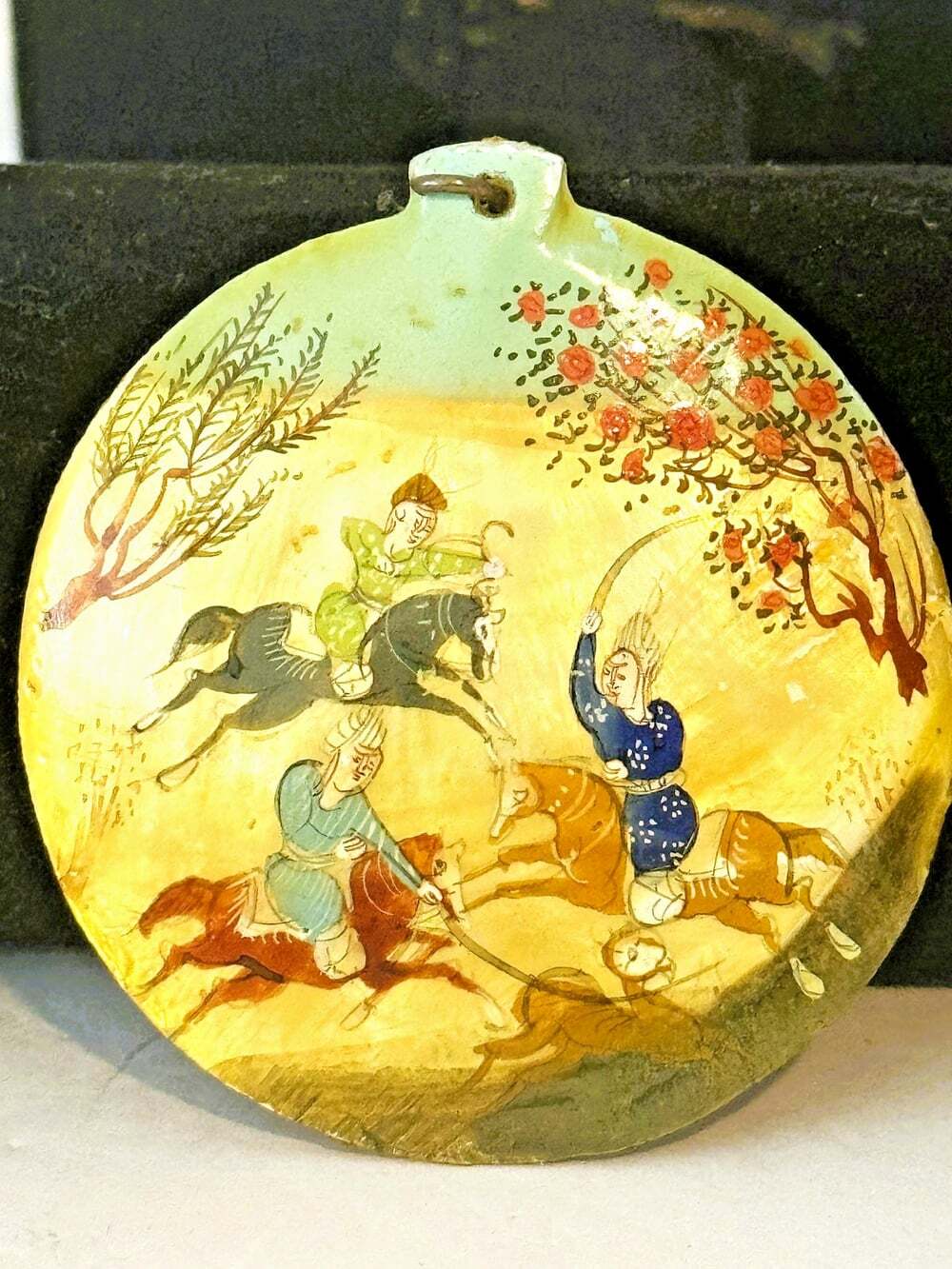 Vintage Persian Hand Painted on Mother of Pearl Disc Pendant